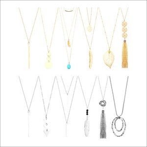 12 Piece Alloy Long Pendant Necklace Set with Y Tassel Leaf Circle Bar